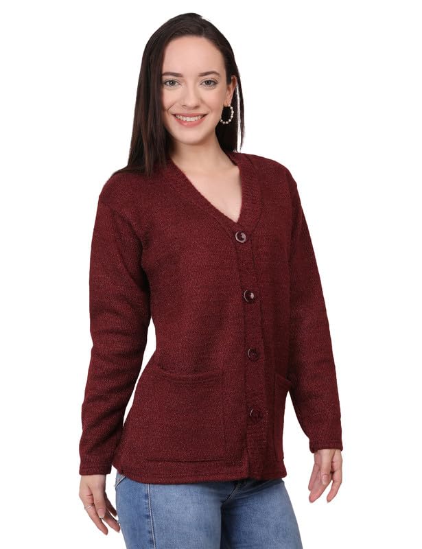 Image of MANRA Women's Woolen V-Neck Buttoned Full Sleeve Cardigan Self Design Soft Wool Fabric Winter Wear Pure Wool Sweater Fully Warm, Front Pockets Cardigan