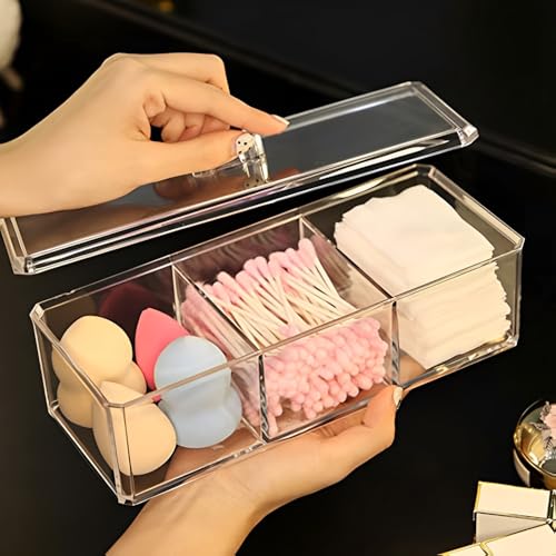 Image of Sooyee Qtip Holder Rectangle Cotton Ball and Swab Holder Organizer with Lid, Dustproof,Waterproof,Clear Acrylic 3 Compartment Cotton Pad Container for Cotton Swabs, Make Up Pads, Cosmetics