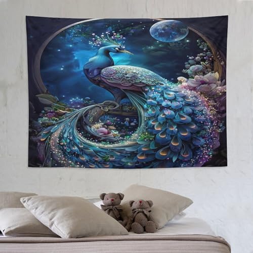 Tenture murale paon drapée dans une chambre à coucher comme tête de lit artistique en tissu