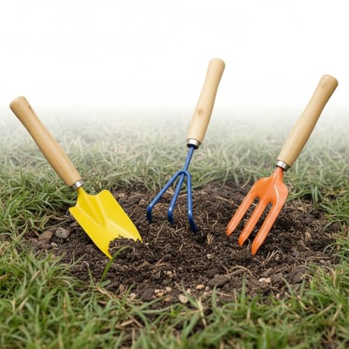 Image of RedBuild Garden Hand Tools Set of 3 - Heavy Duty Trowel, Cultivator & Fork with Ergonomic Wooden Handles for Home Terrace Kitchen Gardening