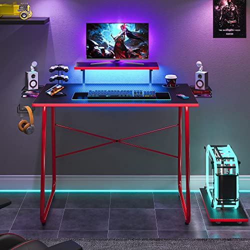 Bestier Gaming Desk With Led Light For Gamer, 51" Computer Desk With Cup Stand For Home Office, Carbon Fiber Desk Working Station, Red #TOP13