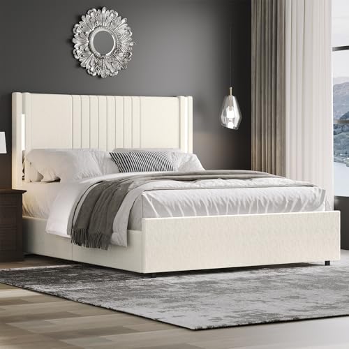 HOMBCK Queen Bed Frame, Velvet Upholstered Platform Bed with Channel Tufted Headboard and Plating Trim, Wingback,Wooden Slats, No Box Spring Needed, Beige