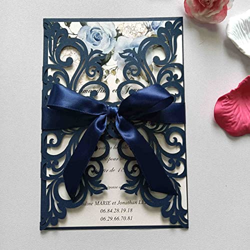 image for Generic 25PCS Pearl Navy Blue Laser Cut Wedding Invitations Cards with