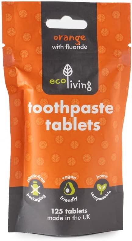 Toothpaste Tablets: Natural Orange Flavor; Eco-Friendly Teeth Whitening; 2 Month Refill Supply in Compostable Pouch; Vegan; SLS Free; Plastic-Free Fluoride Tabs; Made in UK; 125 Tablets