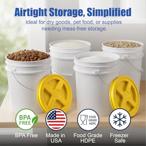 Image of ePackageSupply 5 Gallon Bucket - Food Grade w /Lid BPA-Free, White /Yellow, 3 | Airtight Gamma Seal Screw-On Lid, Heavy-Duty 90 Mil HDPE Plastic, Food Safe and Durable Container, Bulk Storage, Made in USA