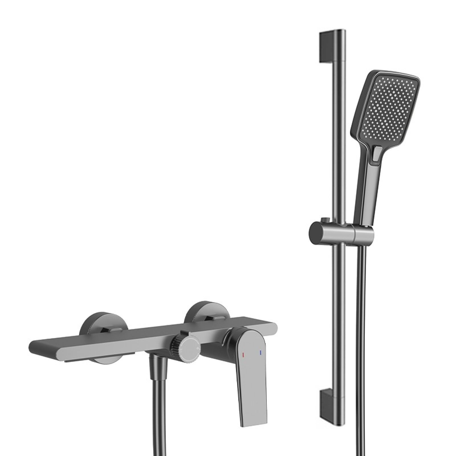 Fanjubei Ash Of Spear + Square Hold All-Copper Simple Bathtub Hot And Cold Shower Set, Gunpowder Gray + Square Handheld Shower