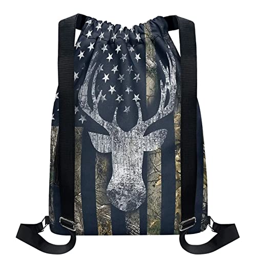 Talayituse American Flag Print Drawstring Backpack with Zipper Pockets for Women Men, Deer Camo Portable Sports Gym Bag String Bags Sackpack Cinch Pouch for Outdoor Beach Swimming Yoga Travel2