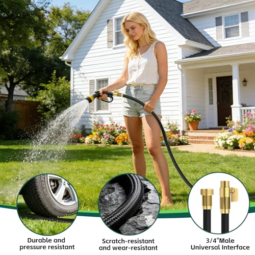 Image of Non-Expandable Garden Hose 75 ft, Ultra Lightweight & Flexible Water Hose, Full Length Leak-Proof Design, High-Density Fabric & Shut-Off Valve, Hose Straps