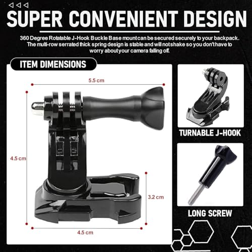 Image of 360 Rotating J Hook Mount for Action Cameras - Adjustable Angle Quick Release Buckle Mount with Thumb Screw for Helmet & Chest Mount for All Action Cameras