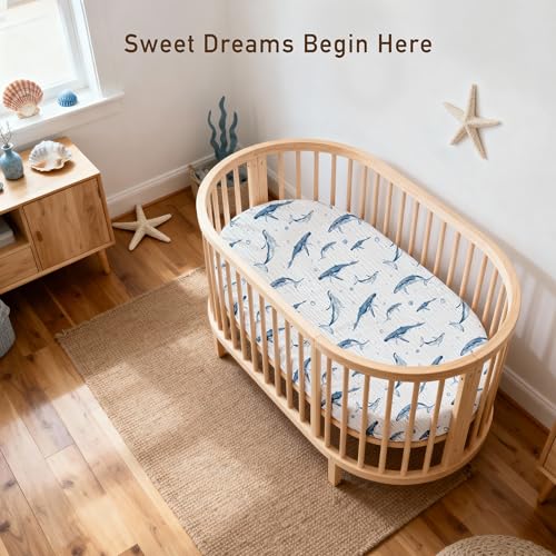 Image of Muslin Bassinet Fitted Sheets 2 Pack, Soft Breathable Cotton Baby Bassinet Mattress Sheet Set, 360 Elastic Snug Fit, Universal for Oval, Rectangle (Blue Whale, Bassinet Sheets 2 Pack)