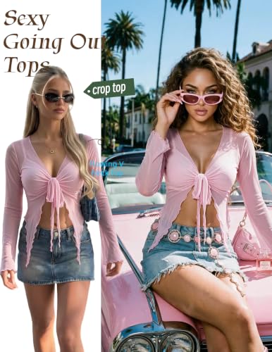 Image of Avidlove Women Mesh Crop Top Y2K Tie Front Tops Rave Top Sheer Cardigan Sexy V Neck Outfits S-2XL