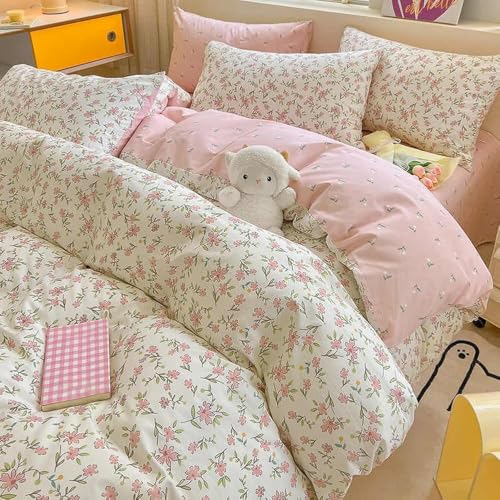 Image of VM VOUGEMARKET Girl's Pink Flower Duvet Cover Set, Twin, Pink White