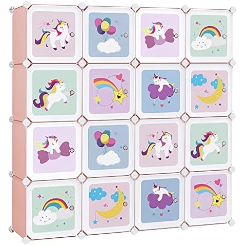 SONGMICS Regalsystem mit 16 Würfeln, Aufbewahrungsschrank für Kinder, Kleiderschrank mit Türen, Schuhregal aus Kunststoff, Steckregal, Mehrzweck, Schuhe, Spielzeug, 123 x 31 x 123 cm, rosa LPC906P01 Cover
