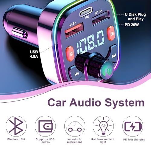Transmisor FM Bluetooth para Coche, [Tipo-C PD20W y QC 3.0] Adaptador Bluetooth para Radio de Coche MP3, Adaptador Q5, Cargador de Coche, para 2 USB y Tipo C, soporta Llamadas Manos Libres - imagen 3