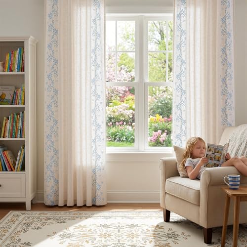Image of jinchan Floral Linen Curtains, Back Tab 50x96 Inch, 2 Panels Blue