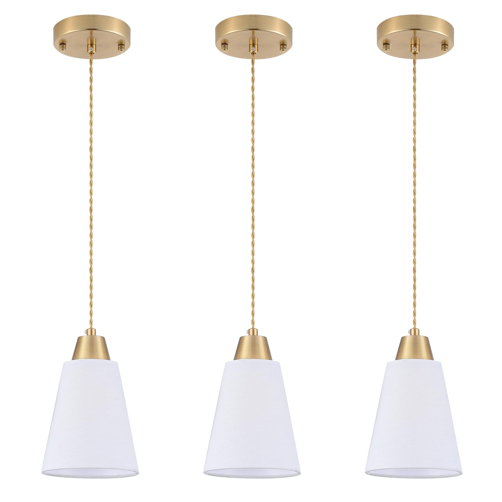 Gold Pendant Light 3 Pack,Brass Pendant Lights Kitchen Island, Dining Room Lamp Fixtures Over Table with White Fabric Shade, Modern Mini Chandeliers,Adjustable Cord Hanging Lighting for Sink