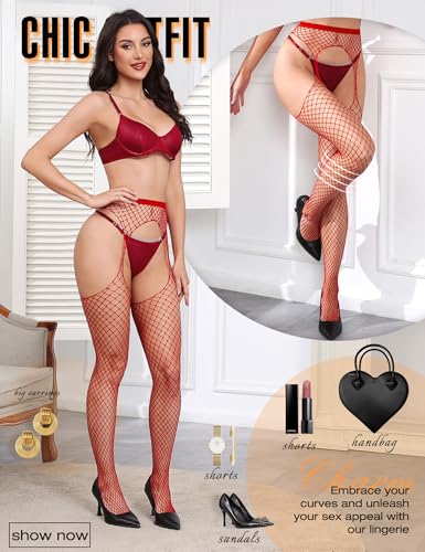 Image of RSLOVE Women's Fishnet Suspender Stockings - High Waist Fishnet Tights Sexy Lingerie for Intimate & Daily Wear