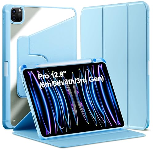 Image of TGK Rotating Case for iPad Pro 12.9 inch (2022 /2021 /2020 /2018, 6th /5th /4th /3rd Gen) with Pencil Holder 360 Degree Rotation Protective Trifold Stand Cover Clear Back (Sky Blue)
