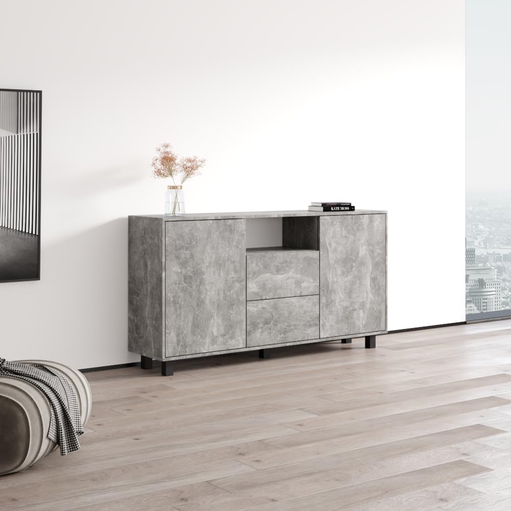 Meble Furniture Apus 2D2S Modern Sideboard 31H x 59W x 15.7D Inches Matte Concrete Finish Durable Storage