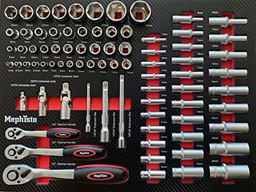 Mephisto Werkzeugwagen Werkstattwagen mit 8 Schubladen Davon 8 Schubladen mit Werkzeug wie Schraubenschlüssel, Ratsche mit Nusskasten, Ringschlüssel usw. in Soft Inlays in Carbonoptik befüllte - 9