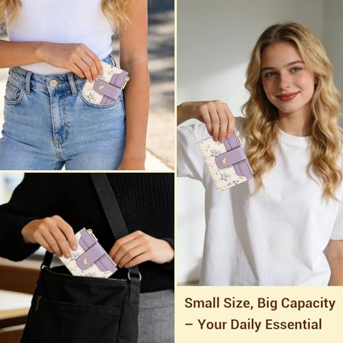 Image of YINHEXI Women's Wallet, Compact and Small Bifold PU Leather Card Holder, Mini Purse with Coin Pocket for Ladies, Girls (Floral Lavender)