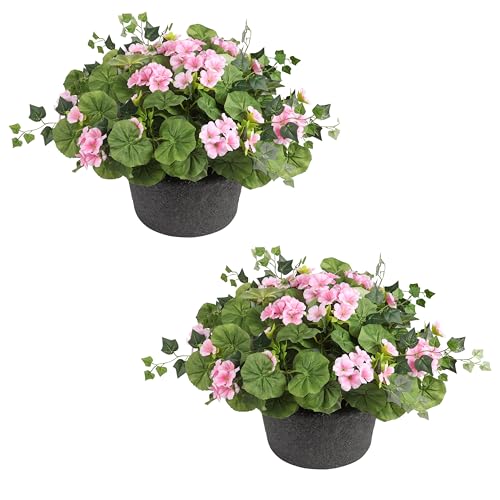 Haute Decor Pink Wild Geranium Urn Planter Fillers - Set of 2 Adjustable Height Artificial Plant Pot Filler - 24 Inch Wide Outdoor Floral for Front Porch Entryway & Patio