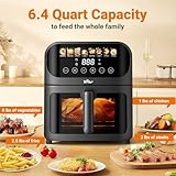 Bear Air Fryer, Stainless Steel Airfryer 8 Presets for Fast Family Meals, 6.4Qt Large Visible Window Temp Timer Adjustable Roast Bake Crisp French Fries Steak, Non Stick Basket Dishwasher Safe