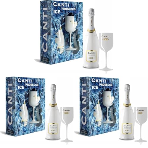 Canti - Prosecco D.O.C. ICE, Vino Espumoso Semiseco, Caja Regalo con Copa, Uva Italiana Glera de Veneto, Sabor Crujiente y Afrutado, 1x750 ml (Paquete de 3)