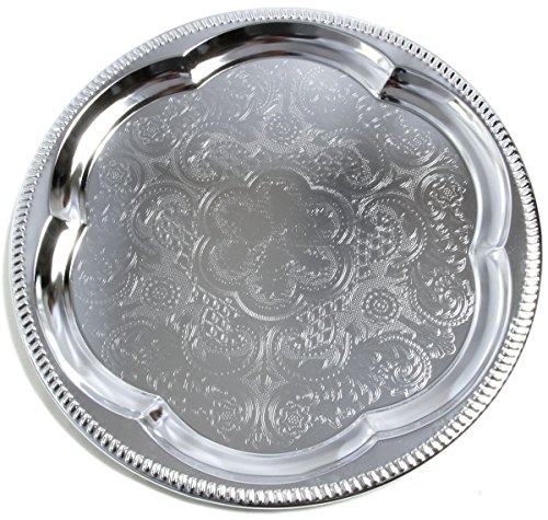 Maro Megastore (Pack Of 4) 13.8-Inch Elegant Round Floral Pattern Engraved Catering Chrome Plated Serving Plate Mirror Tray Platter Tableware Holiday Wedding Birthday Party Deco Art (Medium) T226-4Pk #TOP7
