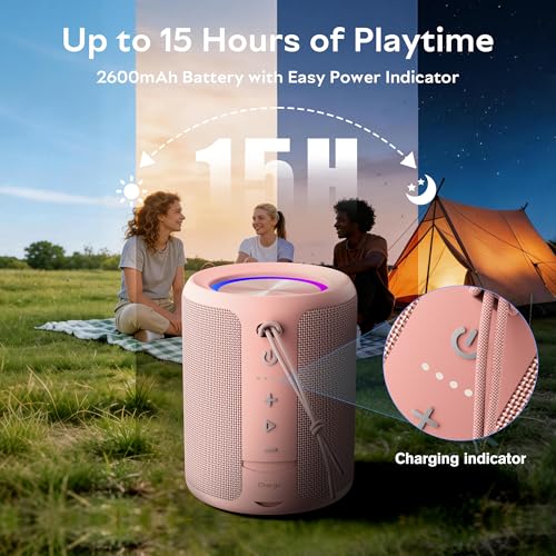 Image of Portable Bluetooth Speaker, IPX7 Waterproof Wireless Speaker with 20W Loud Stereo Sound, 15H Playtime & Beat-Synced RGB Light, Small Outdoor Speaker for Shower, Pool, Beach,Hiking,Gifts(Pink)
