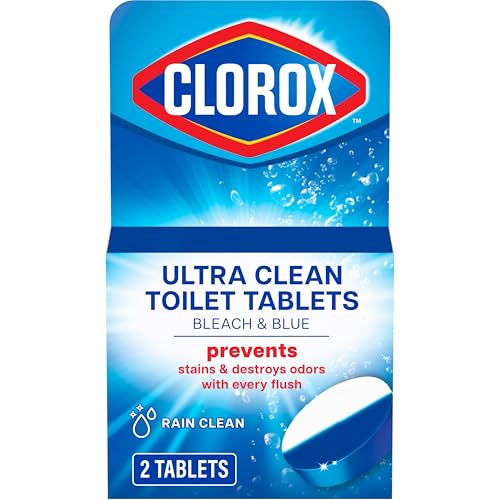 Clorox Ultra Clean Toilet Tablets Bleach & Blue, Rain Clean Scent 2.47 Ounces Each, 2 Count (Package May Vary)