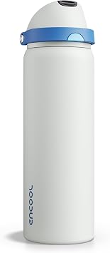 Insulated Water Bottle with Straw - Encool Stainless Steel Water Bottle with Push Button Lid, Leak-Proof & BPA-Free, Keeps Cold for 24 Hours for Sports, Travel, Gym 32 oz, Quill Grey-Blue