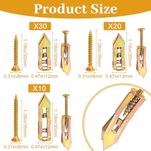 NEBURORA 120 Pcs Self Drilling Drywall Anchors 3 Sizes Metal Expansion Anchors No Drilling Easy to Install Drywall Required Kit Suitable for Hanging Picture Frames Clocks Shelves Mirrors