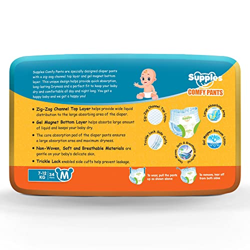 Image of Amazon Brand - Supples Comfy Diapers, Medium (M), 34 Count, 7-12 Kg, 10 hrs Absorption and Cottony Soft Material Baby Diaper Pants