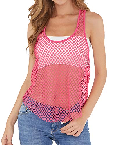 CLOZOZ Women's Activewear Fishnet Mesh Shirts Net See Through Sports Tank Tops (Rose red, M)