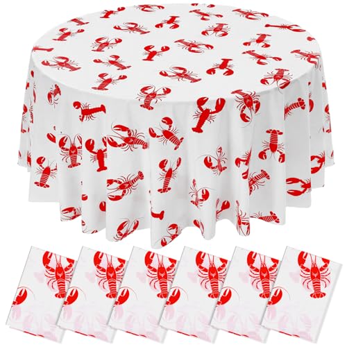 Image of Hahafelt 6 Pcs Crawfish Plastic Tablecloth 84 Inch White and Red Round Disposable Lobster Table Cover Circular Seafood Crayfish Table Cloth for Crawfish Boil Party BBQ Kitchen Decoration