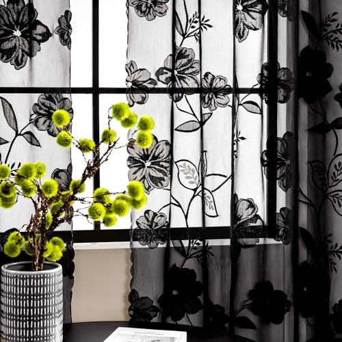 Image of Treatmentex Black Lace Curtains 63inch Rose Floral and Leaf Sheer Decorative Window Curtains for Living-Room Bedroom Vintage Leaf Knitted Lace Sheer Curtain Panels 54 inch w 2pcs Rod Pocket
