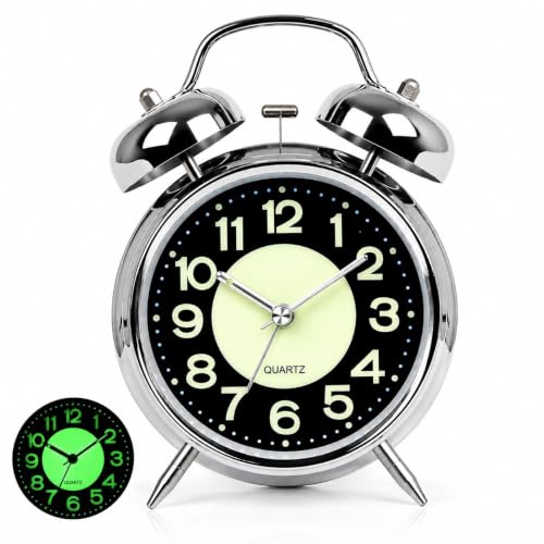 Image of HOME SKILL Analog Alarm Clock for Heavy Sleepers Loud Clock for Adults Classic Twin Bell - Super Loud, Non-Ticking Silent Quartz Movement, Backlight, Decor Bedroom /Office (Silver Luminous)