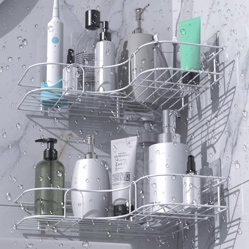 Moonlit Pond Corner Shower Caddy, 2 Pack Adhesive Shower Corner Organizer Shelves, No Drilling Stainless Steel Shower Storage Rack for Bathroom, Dorm and Kitchen, White