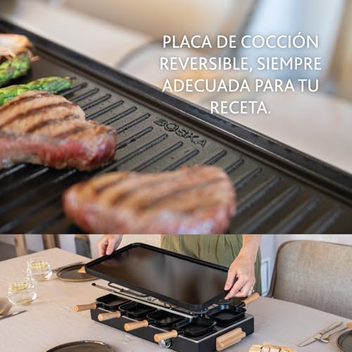Boska Raclette Party Griglia da tavolo per 8 persone Senza PFAS Piastra in ceramica Manici in legno di faggio Piastra in alluminio reversibile Nero - imagen 8