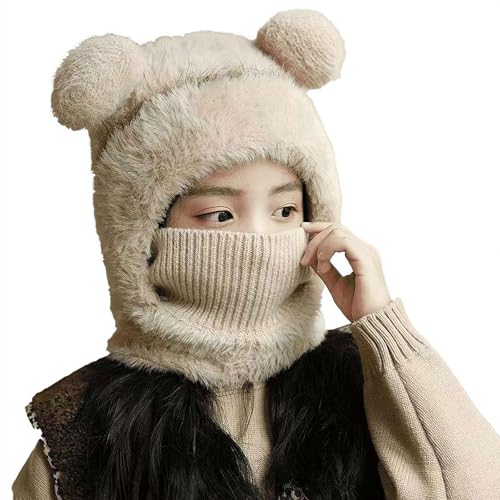 Bear Mask Cap for Women Cute Bear Knit Hood Scarf Head Cover Hat Warm Plush Balaclava Ski Mask (US Alpha One Size Beige)