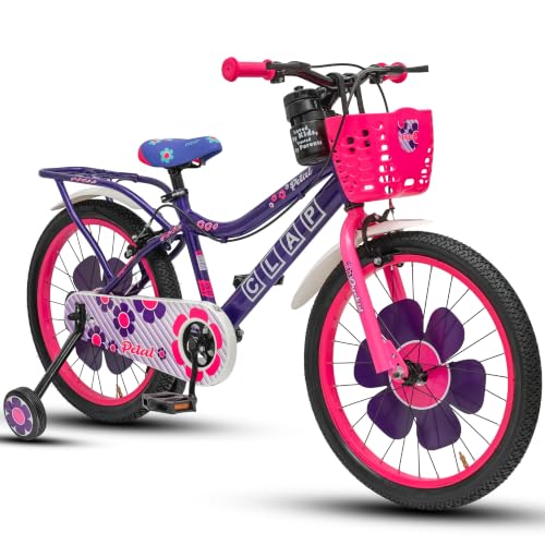Image of Petal 20T Kids Bicycle with Training Wheels | Backrest, Basket & Full Chain Cover | Ideal for Girls Aged 7-9 Years (Purple-Pink, 20T)