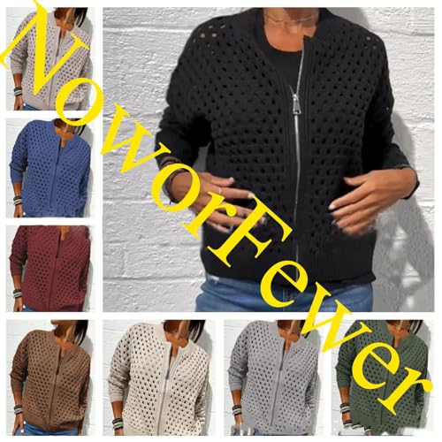 Women's Casual Hollow Knitwear Zipper Jacket,Crochet Jackets for Women Open Front Long Sleeve Cardigan Sweater4