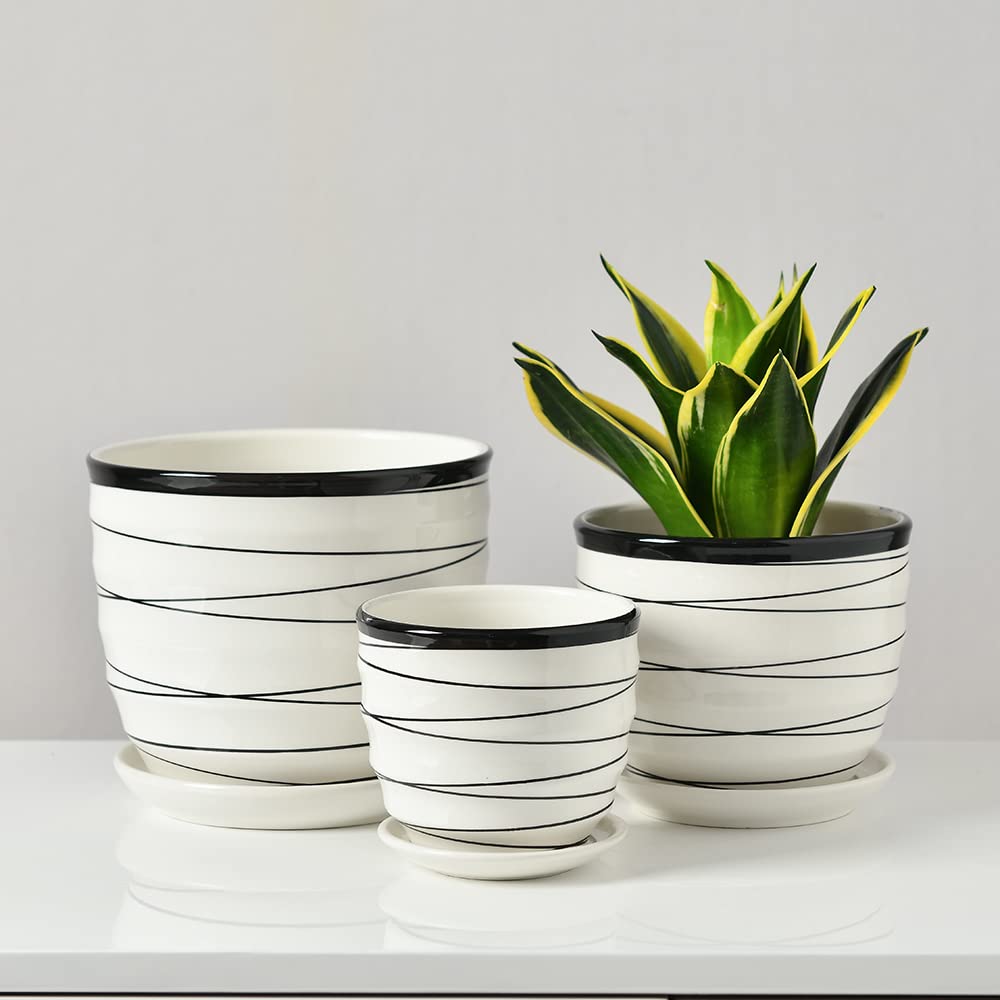 Garden Art Ceramic pot for plants SET OF 3 (21.3X21.3X18.2CM/17.3X173.X14.5CM/14X14X11.3CM )with Drainage Holes,Round Indoor Pot for Plants Ceramic Planters with Saucer,Outdoor Garden Pots (GA84115-W) 1