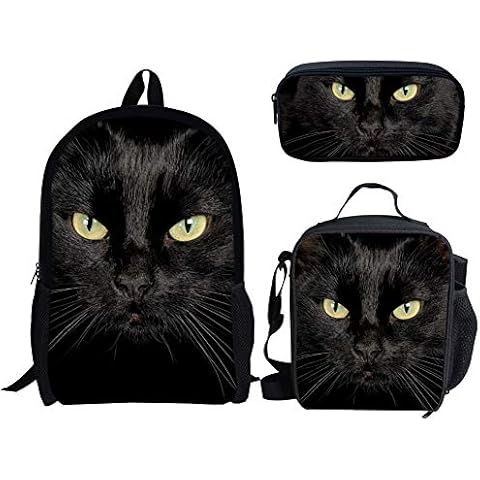 Amzbeauty School Backpack Set Lunch Bags Pencil Case Cool Black Cat Print Bookbags 3 Pcs Set for for Kids/Girls Cover