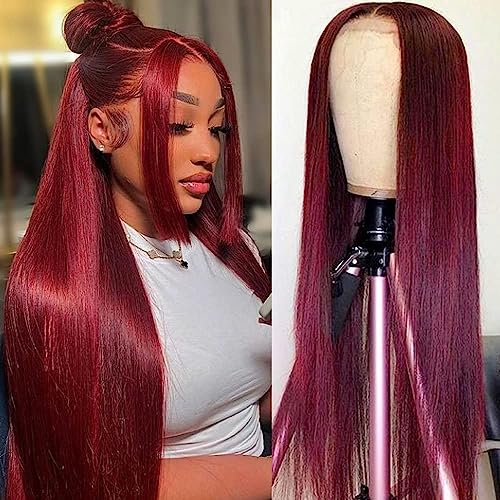 Estilar 99j Burgundy Lace Front Wigs Human Hair 20Inch Burgundy Wig 150% Density Brazilian Virgin Straight Human Hair Wigs for Women Pre Plucked with Baby Hair
