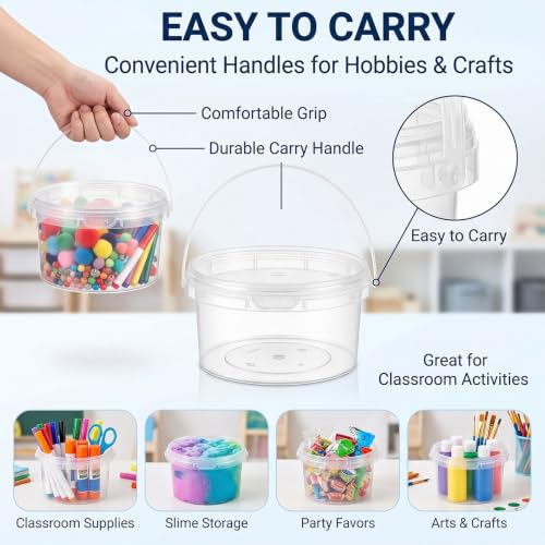 Image of Maxcheck 50 Pcs Plastic Bucket with Lids and Handles Bulk, 12oz, Clear