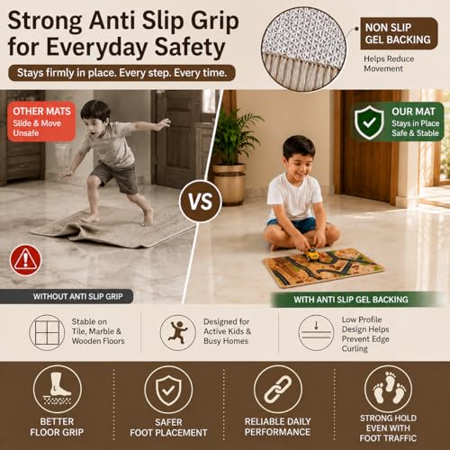 Image of Matz&More City Road Construction Site Kids Floor Mat | 40x60 CM | Brown | Nylon Tufted Gel Baking Anti-Slip | Home School Doormat | Children Play Room Entrance & Child Bedroom