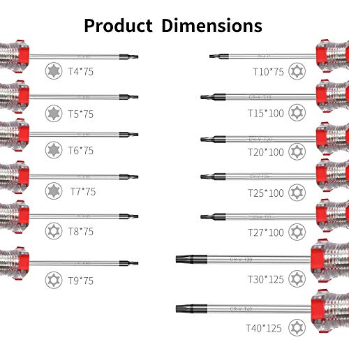 RONMAR 13-Piece Magnetic Torx Screwdrivers Set, Security Tamper Proof, T4、T5、T6、T7、T8、T9、T10、T15、T20、T25、T27、T30、T40