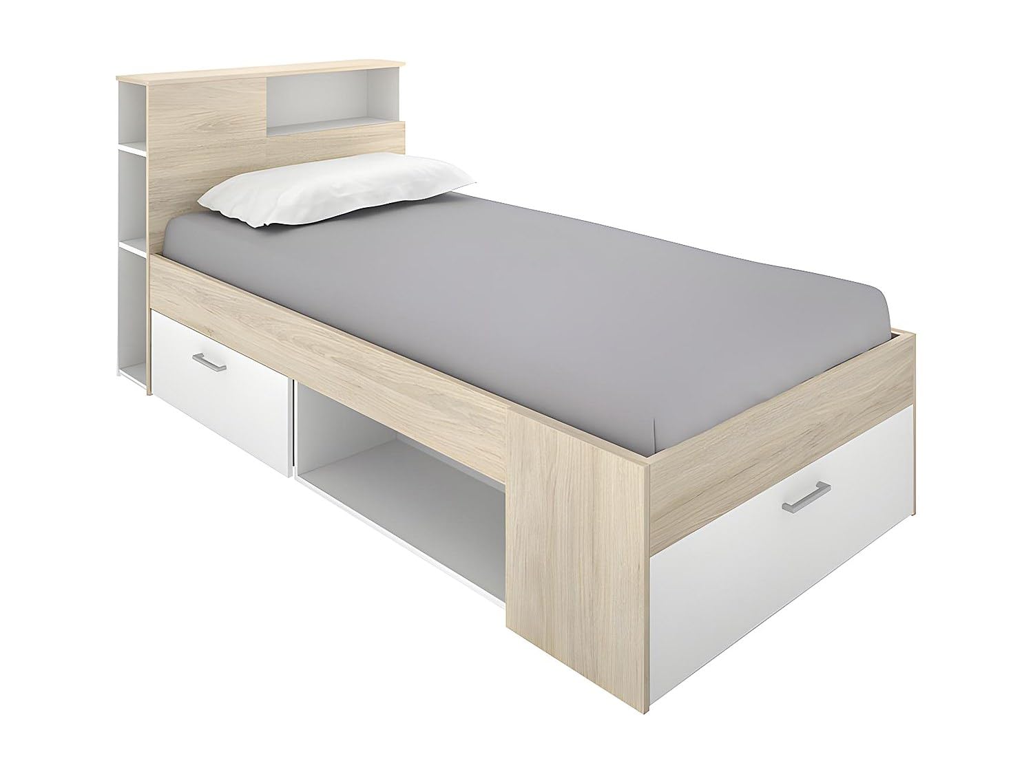 Lit 1 Personne 90x190 Cm Avec Rangements – Bois Massif Marron – État Correct Et Fonctionnel